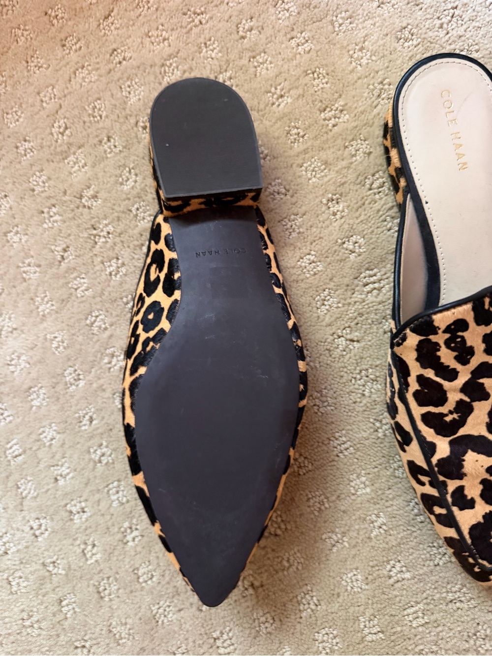 Cole Haan Leopard-Print Pointed Slip-On Mules in Tan and Black - Picture 2 of 2